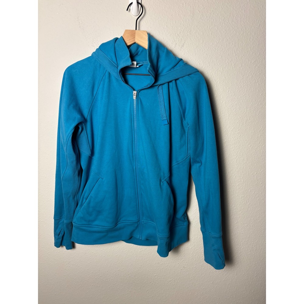Athleta Triumph Hoodie Teal Blue Full Zip Sweatshirt Thumbholes 486251 L